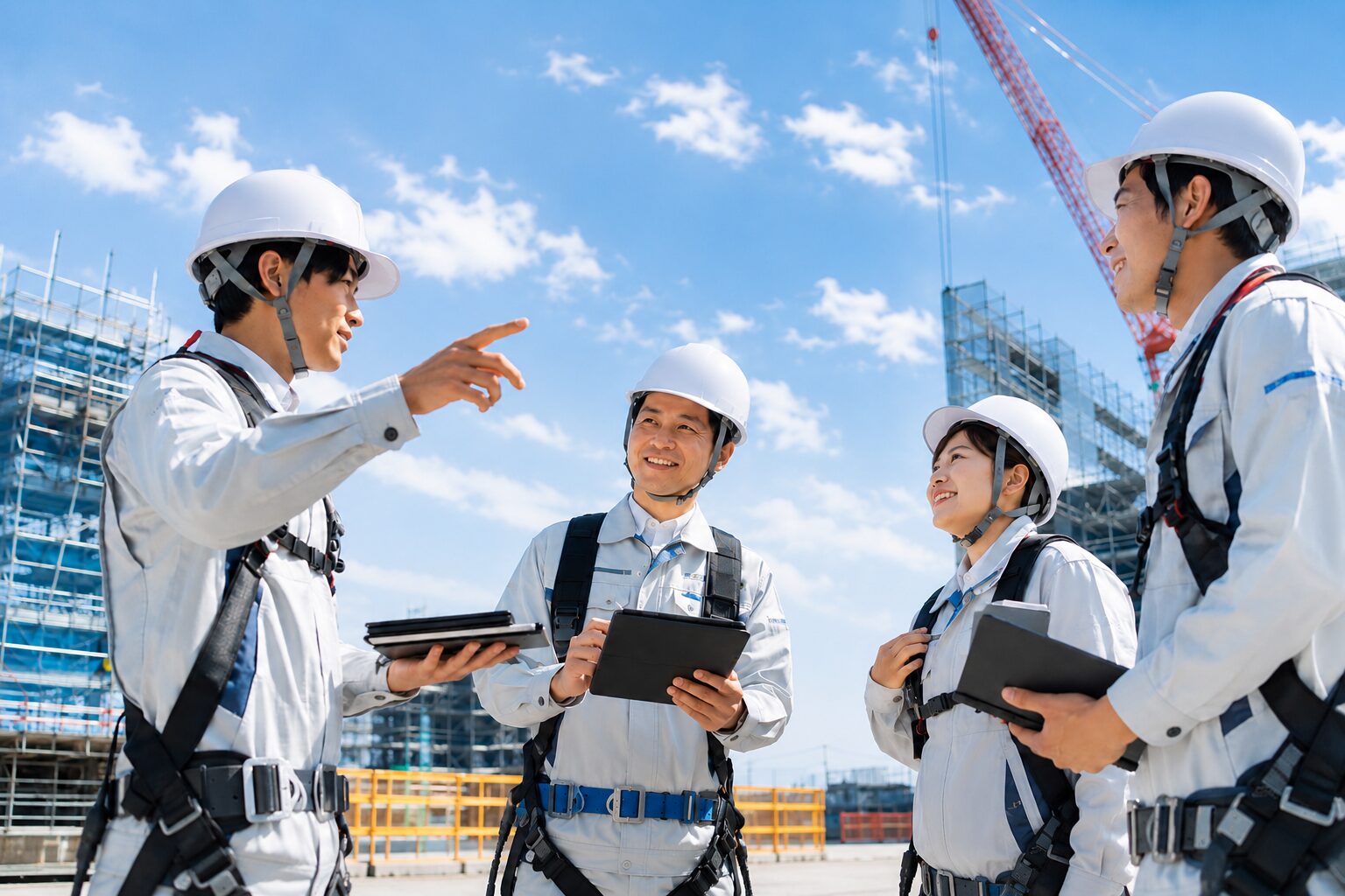 建設会社の若手社員と現場責任者による迅速な現場打ち合わせ(AI生成画像)