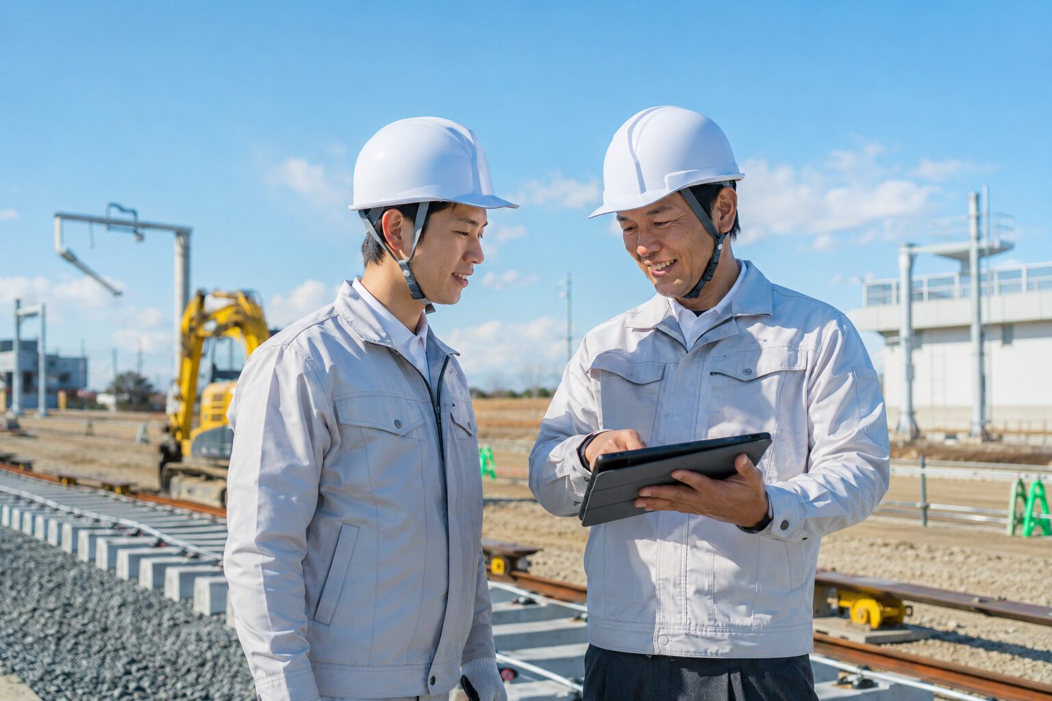 土木工事・軌道工事の建設現場で先輩社員と若手作業員がタブレットを見ながら打ち合わせを行う様子(AI生成画像)