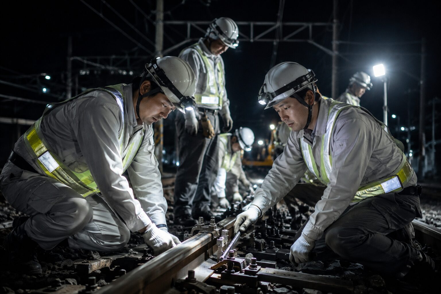 夜間の鉄道作業員の現場(AI生成画像)